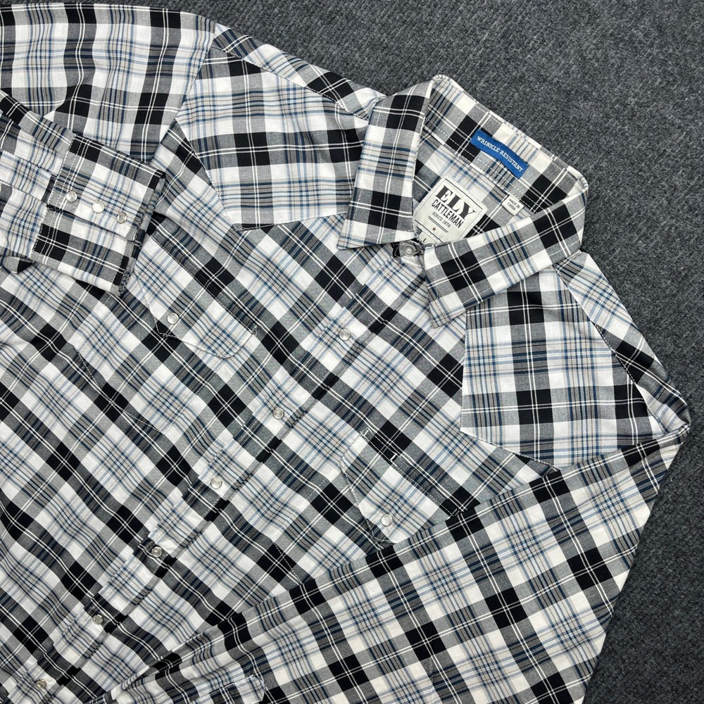 Ely Cattleman Western Shirt Mens L Black White Blue Plaid Pearl Snap Long Sleeve